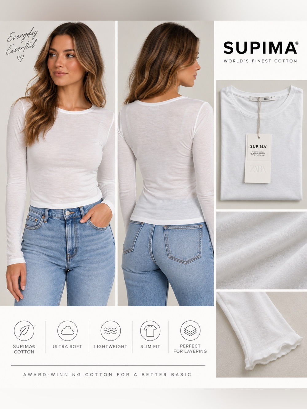 Zara White Long-Sleeve Supima Cotton Tee